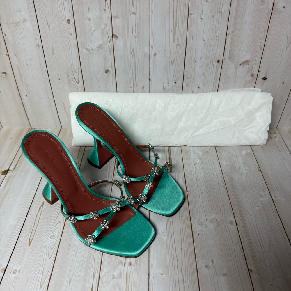 Amina Muaddi Lily Crystal Embellished Slide Sandal Turquoise Sz 36.5 / 6.5 - Picture 2 of 14
